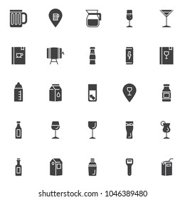 Drinks and beverages vector icons set, modern solid symbol collection, filled style pictogram pack. Signs logo illustration. Set includes icons as beer mug, water jug, cocktail, wine barrel, milk pack