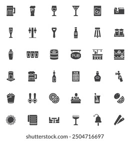 Drinks and Beverages vector icons set, modern solid symbol collection, filled style pictogram pack. Signs, logo illustration. Set includes icons as bar counter, beer bottle, wine glass, beer bottle