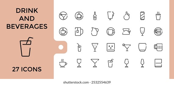 Drinks and beverages web line icons set. Collection of such as orange juice, soft drink, lime rickey drink, beverage and more. Editable and pixel perfect vector illustration.