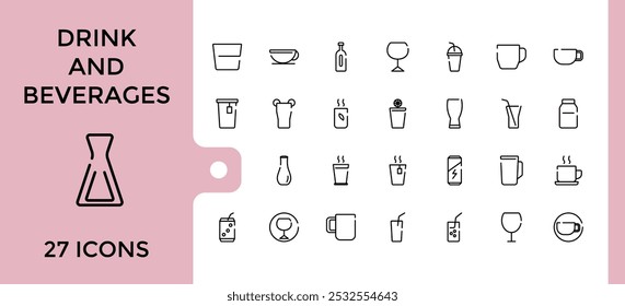 Drinks and beverages web line icons set. Collection of such as orange juice, soft drink, lime rickey drink, beverage and more. Editable and pixel perfect vector illustration.