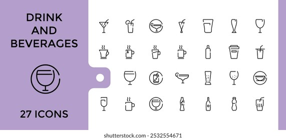 Drinks and beverages web line icons set. Collection of such as orange juice, soft drink, lime rickey drink, beverage and more. Editable and pixel perfect vector illustration.