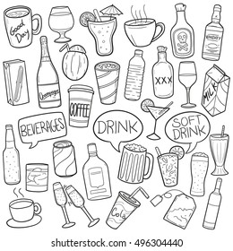 Drinks and Beverges Doodle. Icons Hand Drawn. Scribble Line Art. Logo Lounge Bar. 