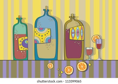 Drinks in bottles with orange/ Still life with bottles/ High resolution vector image
