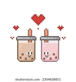 Drinks bubble tea, couple in love pixel art