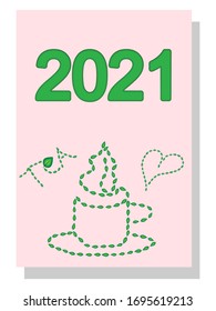 Drinks calendar 2021: with seasonal dessert drawings of various tea, coffee, cocoa. Fruits, berries, cakes, tea, mulled wine. Teas with prescription ingredients. Cover