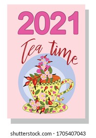 Drinks calendar 2021: with seasonal dessert drawings of various tea, coffee, cocoa. Fruits, berries, cakes, tea, mulled wine. Teas with prescription ingredients. Cover
