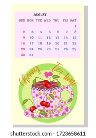 Drinks calendar 2021: with seasonal dessert drawings of various tea. Cherry - August. Fruits, berries. Teas with prescription ingredients.