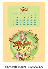 Drinks calendar 2022 with seasonal dessert of various tea, coffee, cocoa. Fruits, berries, cakes, tea. Teas with prescription ingredients. vertical calendar, week starts on Sunday. A4 format.