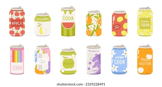 Drinks in cans, different soda beverage can. Juicy limonade packaging design, fizzy soft refreshing juice. Summer party, cartoon snugly vector clipart