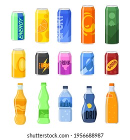 Drinks in cans and plastic bottles vector illustrations set. Collection of soft, energy and fizzy drinks, soda, water, juice, lemonade, isolated on white background. Beverage, food concept