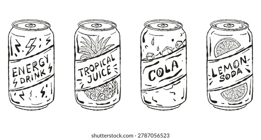 Drinks in Cans Vector Set. Energy drink, Soda, Juice Illustrations. Hand drawn Beverage Line Art Collection