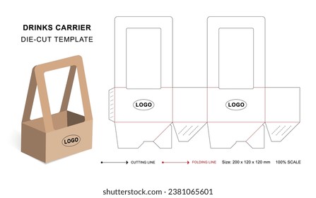 Drinks carrier box die cut template, Handle box template