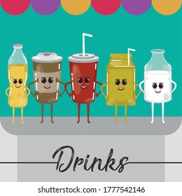 Drinks cartoons illustration. Cartoon of coffe cup, juice bottle, soda and milk bottle - Vector