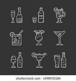 Drinks chalk icons set. Alcohol drinks card. Champagne, vodka, hot toddy, wine, beer, cocktail in lowball glass, martini, margarita, pina colada. Isolated vector chalkboard illustrations