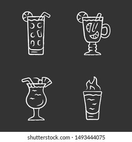 Drinks chalk icons set. Cocktail in highball glass, hot toddy, pina colada, flaming shot. Alcoholic mixes and soft drinks. Refreshing and warming beverages. Isolated vector chalkboard illustrations