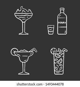 Drinks chalk icons set. Flaming shot, margarita, mojito, vodka. Glasses with beverages, bottle. Alcoholic mixes and soft drink for party, celebration. Isolated vector chalkboard illustrations