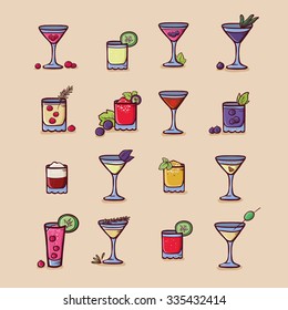 Drinks for the cocktail menu doodle icons set. Vector illustration.