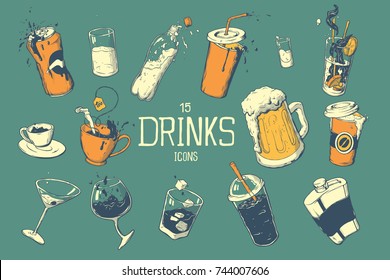 Drinks and cocktails icon set in hand drawing style. Vector illustration.