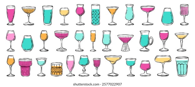 Drinks and cocktails icons vector modern concept set. Hand drawn doodle beverages in glasses  for logo design, banners, poster design, greeting cards, bar menu, wedding invitations