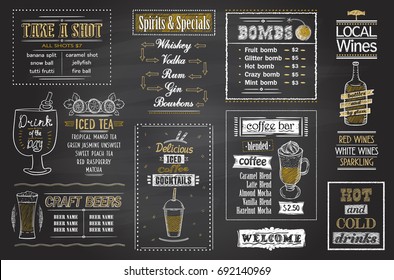 Drinks and cocktails menu chalkboard set, hand drawn posters for tea, coffee, spirits cocktails, shots, bombs, craft beers and lokal wine