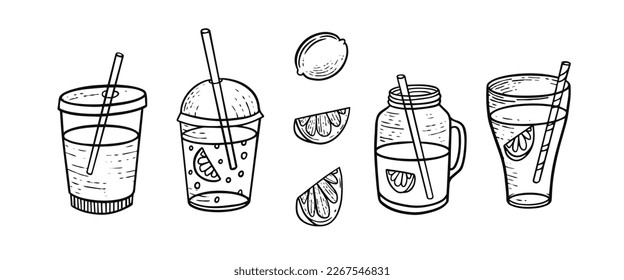 Drinks and cocktails set hand drawn black and white color engraving retro style. Vector illustration for menu, bar and posters.