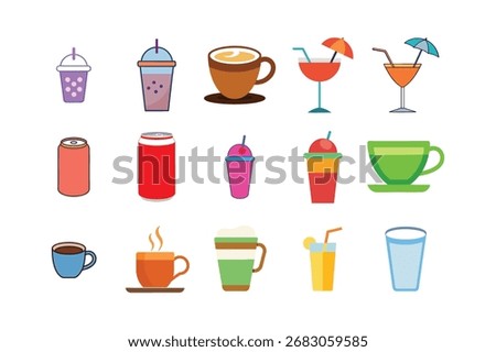 Drinks Coffee Cocktails Flat Vector Icon Set