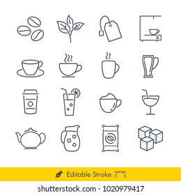 Drinks, Coffee, and Tea Related Icons / Vectors Set - In Line / Stroke Design