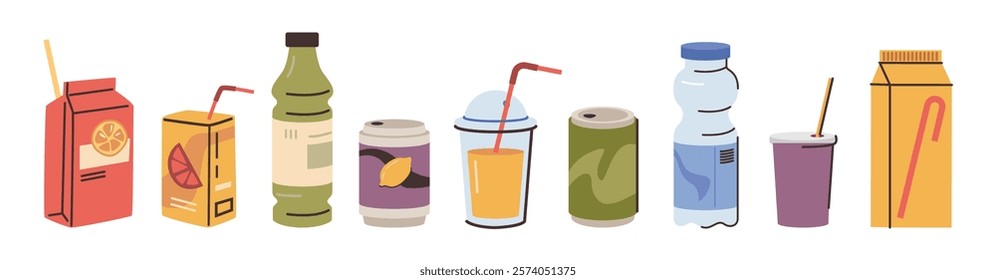 Drinks and cold beverages for lunchtime and stack. Vector isolated bottle of water, orange or mandarin juice, freshly made smoothie, tea or coffee, soda or milk, cold lemonade for summer