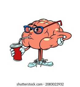 drinks a cold drink cola human brain character, smart wise