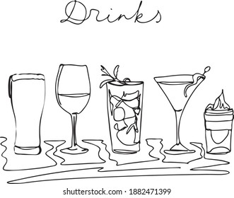 Drinks collection set - hand drawn vector illustration in line art style