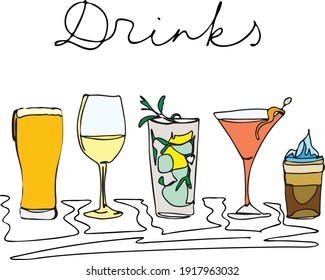 Drinks collection set - hand drawn colorful vector illustration in line art style