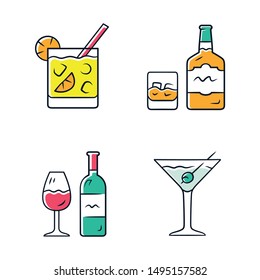 Drinks color icons set. Cocktail in lowball glass, whiskey, wine, martini. Alcoholic beverages for party. Refreshment drinks and mixes. Isolated vector illustrations