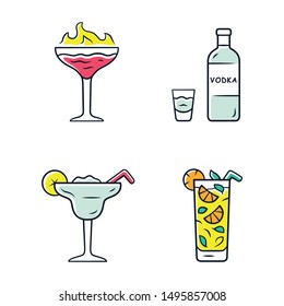 Drinks color icons set. Flaming shot, margarita, mojito, vodka. Glasses with beverages, bottle. Alcoholic mixes and soft drink for party, celebration. Isolated vector illustrations