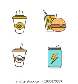 Drinks color icons set. Takeaway coffee and tea, energy drink, soda with burger. Isolated vector illustrations