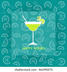 Drinks concept. Alcohol cocktail flat design icon. Stylized glass wit liquor. Cosmopolitan cocktail party. Template for announce of Happy hours in bar. Idea for advertising. Vector illustration.