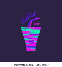 Drinks concept. Bright neon layered liquor icon.  Flat style. Cocktail time design. Drink in glass. Template for logo  or advertisement. Element for club event banner background. Vector illustration