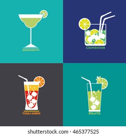 Drinks concept. Flat design icons set. Cosmopolitan cocktail in glass with ice.Template for logo. Idea for promotion, advertising banner background. Vector illustration