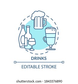 Icono de concepto de bebidas. Líquidos deliciosos y refrescantes. Gran variedad de bebidas. Ilustración delgada de la idea de variedad de alcohol en el restaurante. Dibujo de color RGB con contorno aislado del vector. Trazo editable
