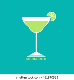 Drinks concept. Margarita Flat design icon. Martini cocktail in glass with lime slice. Template for logo or advertisement. Cosmopolitan cocktail club party banner background. Vector illustration