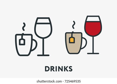 Drinks Concept. Tea Bag Cup Mug and Glass of Red Wine Minimal Flat Line Outline Colorful and Stroke Icon Pictogram 