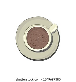 Bebe tazas de café y té. Tomas de capuchino aromático y americano con leche, dibujos, espuma de garrapatas. Bebidas planas con dibujos a mano estilo caricatura. Vista superior.