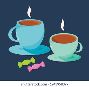 Drinks cups with tea and sweets
