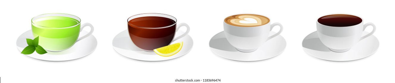 Drinks in cups vector set isolated on white background. Illustration with cup of cappuccino, coffee americano, latte, hot green and black for your design menu