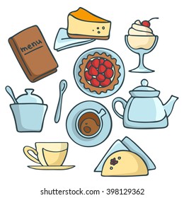 Drinks and desserts: cup, crackers, cake, cloth, candy, sugar, spoon. Set of simple color images.
