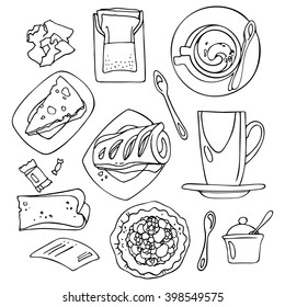 Drinks and desserts: cup, crackers, cake, cloth, candy, sugar, spoon. Hand-drawn design elements.