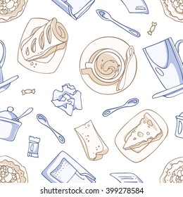 Drinks and desserts: cup, crackers, cake, cloth, candy, sugar, spoon. Seamless pattern  with