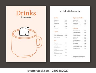 Drinks and desserts menu template. Cup cartoon illustration. Dissolve in coffee like sugar. Tea glass doodle background. Cute character floating in mug. Mascot icon, logo, design for shop, cafe