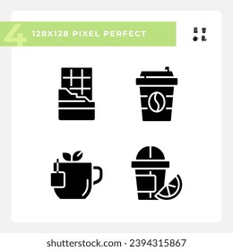 Drinks and desserts pixel perfect black glyph icons set on white space. Cafe menu. Coffee shop. Tea time. Beverage aisle. Silhouette symbols. Solid pictogram pack. Vector isolated illustration