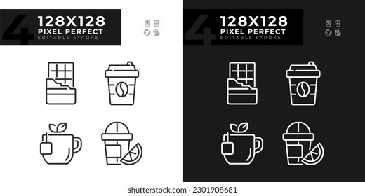 Drinks and desserts pixel perfect linear icons set for dark, light mode. Cafe menu. Coffee shop. Beverage aisle. Thin line symbols for night, day theme. Isolated illustrations. Editable stroke