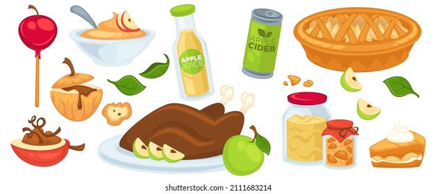 Drinks and dishes made of apple, isolated cider in bottle, caramelized fruit and baked. Pie with crust and jam in jar, desserts and healthy eating. Restaurant or cafe variety of food. Vector in flat